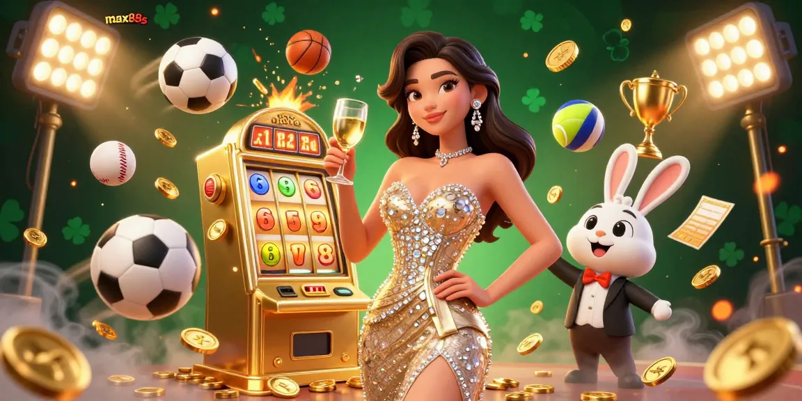 Experience captivating gameplay at max88s with a stunning illustration of a glamorous woman and a jackpot slot machine.
