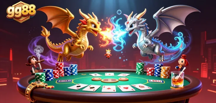 Experience the magic of gg88 with vibrant dragons and poker excitement in an illuminating 3D casino scene.