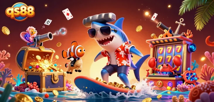 Experience thrilling gameplay with qs88 as the shark surfs gold coins and friendly sea creatures celebrate.
