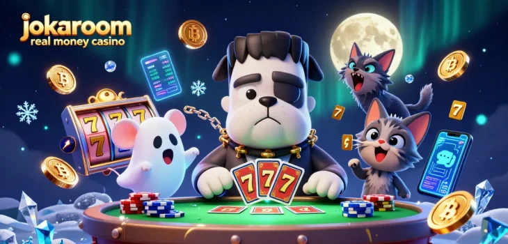 Play at jokaroom real money casino with a lively scene of characters engaging in card games and crypto elements.