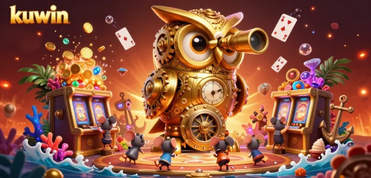 Kuwin gamers explore a vibrant casino with a whimsical golden owl and lively mouse characters