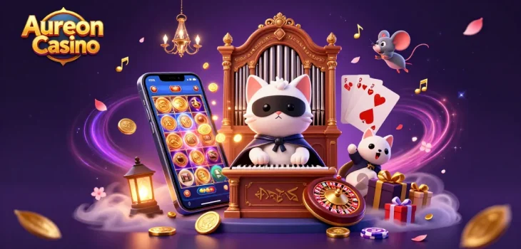 Aureon Casino captivates with a dazzling illustration of a whimsical cat playing organ in a vibrant casino