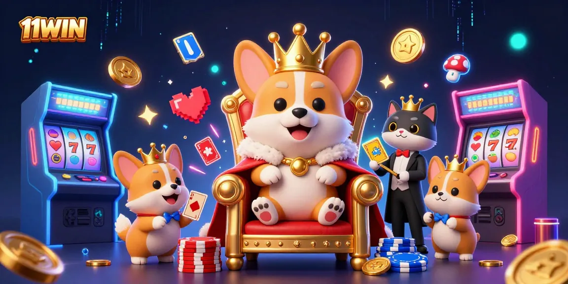 Experience thrilling gameplay with 11WIN in a vibrant casino-themed 3D illustration full of gaming excitement.