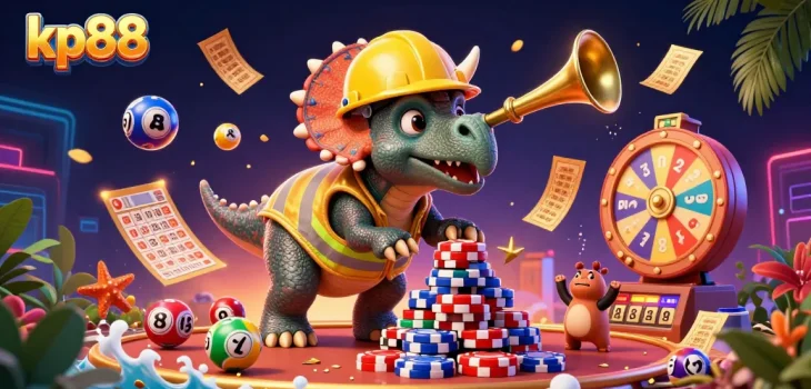 Win big at kp88 with a lively scene of a triceratops building poker chip pyramids amid colorful gaming elements.