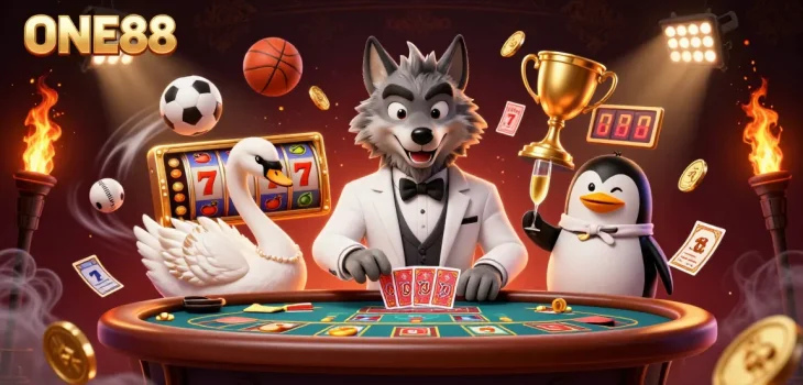 Engage with ONE88 as you witness a debonair wolf enjoying high-stakes baccarat in a vibrant casino scene.