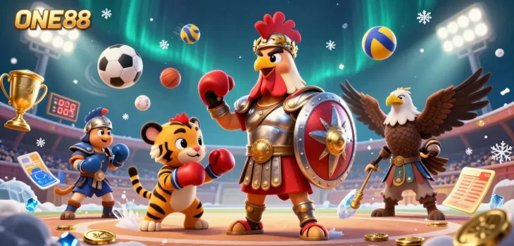 ONE88 showcases a vibrant gaming scene featuring sports elements and unique characters, encapsulating entertainment.