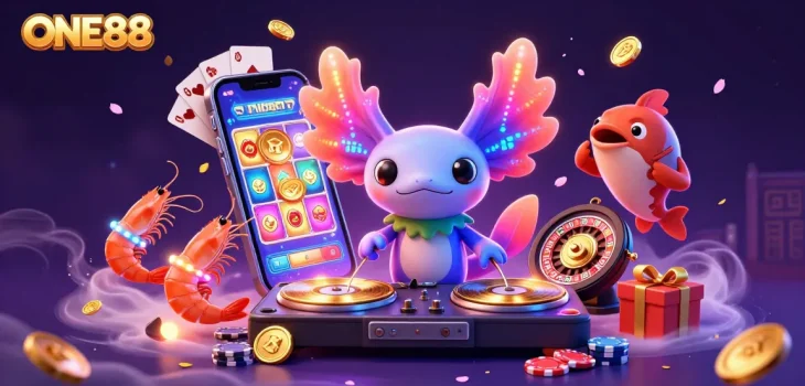 ONE88 brings excitement with a neon axolotl DJ, shrimp dancers, and vibrant slot game action.