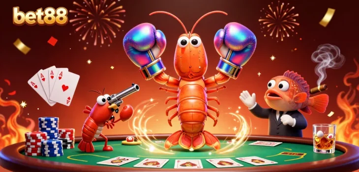 Experience the excitement of bet88 as animated shrimp characters engage in dynamic poker action.
