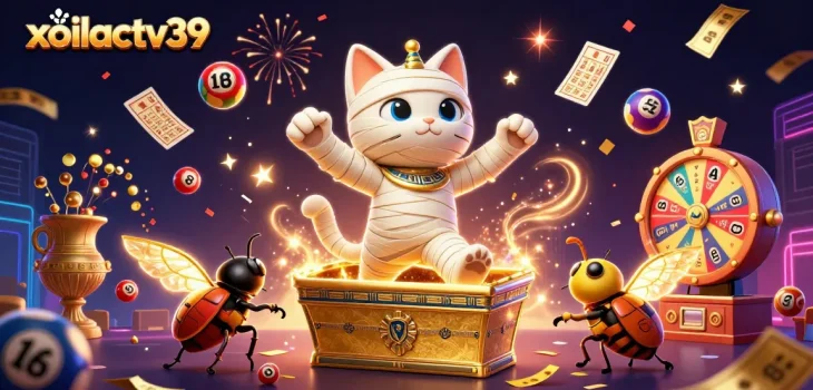 Experience thrilling action with xoilactv39 as a mummy cat bursts from a golden sarcophagus in a lively casino setting.