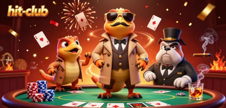 Experience the fun at hit-club as raptors play poker in a lively casino scene.
