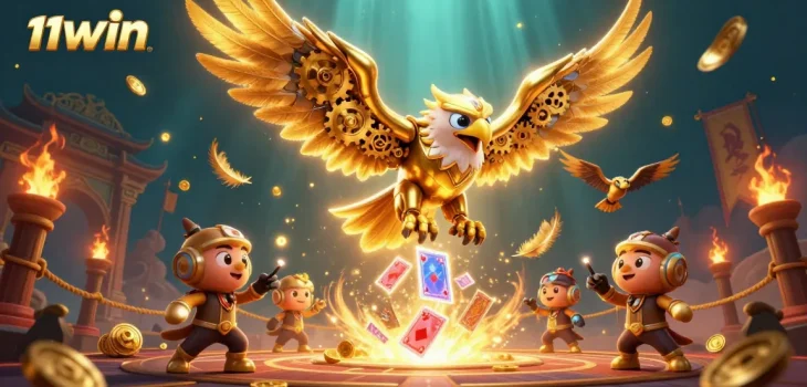 Experience thrilling gaming action at 11WIN with a vibrant 3D illustration of a cybernetic eagle.