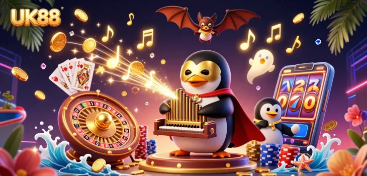 UK88 promotes exciting gameplay with a phantom penguin and gold-filled casino atmosphere.