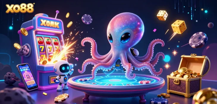 Experience the rich casino excitement of xo88 with a cartoon octopus at a poker table surrounded by vibrant game elements.