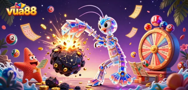 Experience the excitement of vua88 with a galactic samurai mantis shrimp battling for golden gems among vibrant lottery elements.