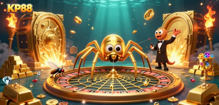 Place bets at KP88's roulette wheel with golden spider and centipede croupier in a dazzling casino scene.