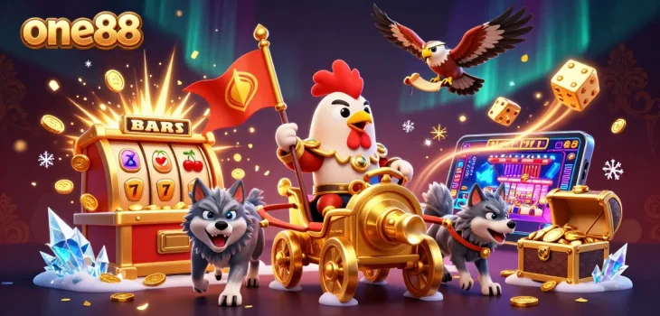 Experience adventure and winnings at one88 with a thrilling 3D casino scene including slot machines, coins, and vibrant colors.