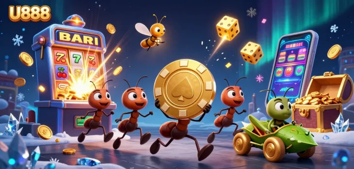 Experience excitement at U888 as ants carry a giant poker chip through a vibrant casino heist.