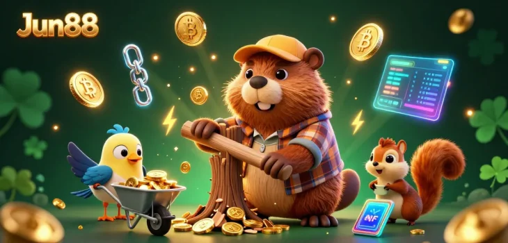 Experience Jun88's vibrant casino action with cartoon characters, gold coins, and crypto elements.