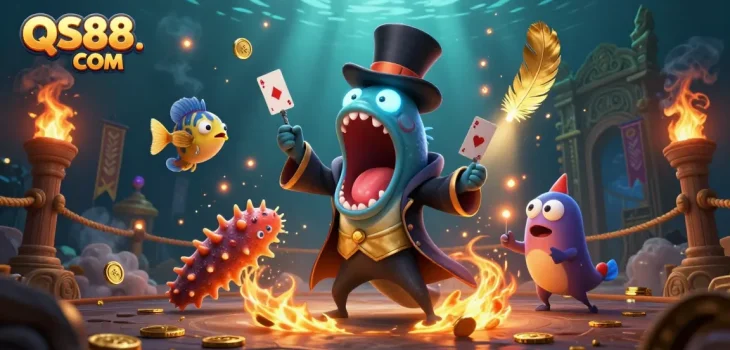 Experience the excitement of QS88. COM with a magical underwater casino scene, showing card tricks and vibrant elements.