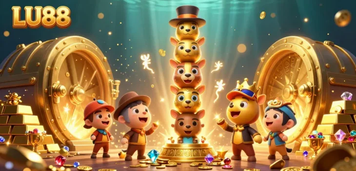 LU88 totem pole charm accompanies golden treasures in a vibrant casino scene.