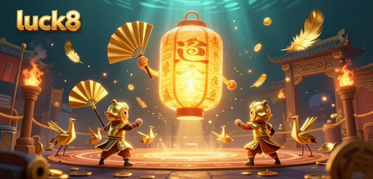 Engage in luck8 betting strategies with illuminated lantern spirit and warriors in a dynamic casino scene.