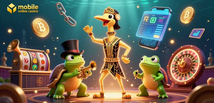 Experience the excitement of a mobile online casino with vibrant characters and dynamic elements.
