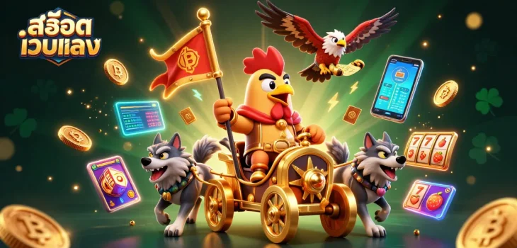 Experience สล็อตเว็บตรง with a golden war chariot scene filled with vibrant casino elements.