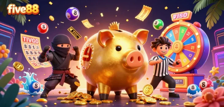 Experience thrilling action at five88 with a golden piggy bank sumo and a wallet-ninja in a dynamic gaming scene.