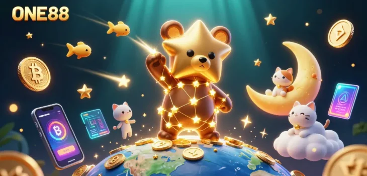 Engage with ONE88's thrilling adventures in a vibrant, 3D casino illustration filled with coins and crypto elements.