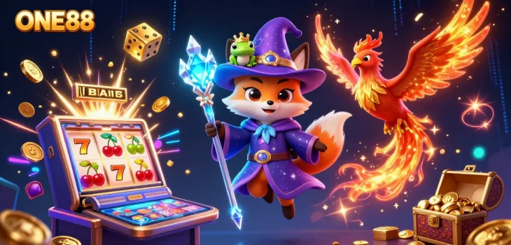 Experience the magic of ONE88 with a vibrant casino scene featuring enchanting characters and thrilling game elements.