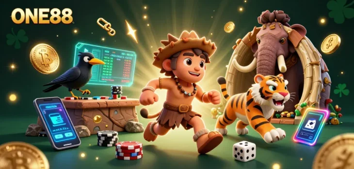 Engage with ONE88's thrilling prehistoric casino showcasing Bitcoin and Ethereum elements in a vibrant 3D scene.