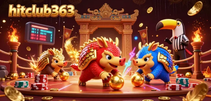 hitclub363 gambling action with rival pangolins competing, surrounded by casino elements and vibrant atmosphere