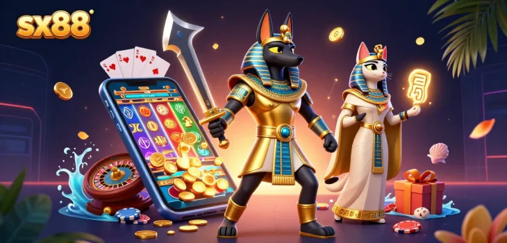Experience dynamic gaming with sx88 as Anubis and Bastet guide players through an ancient casino.