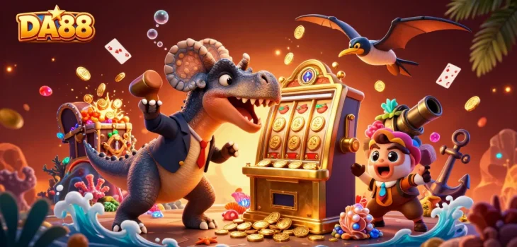 DA88 showcases a pachycephalosaurus winning jackpots in a vibrant casino scene.