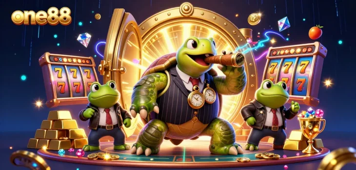 one88 casino adventure showcasing a snapping turtle and bullfrogs surrounded by slot reels and treasure.