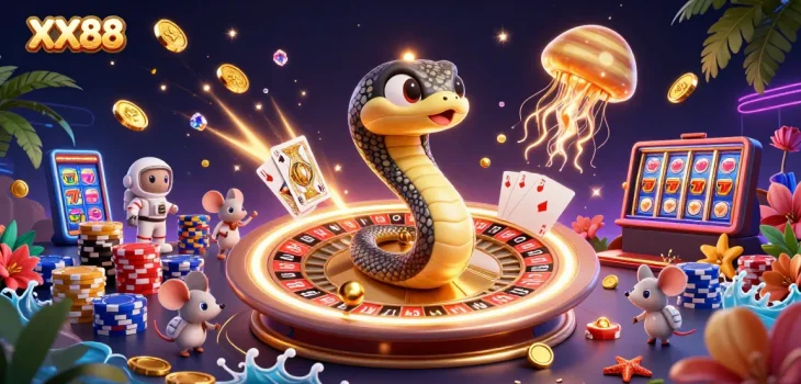 Engage with XX88's thrilling cosmic casino atmosphere, featuring unique characters and vibrant winning elements.