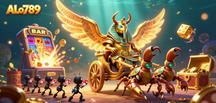 Bet on ALO789 with vibrant casino action, featuring a golden scarab beetle and dynamic symbols.
