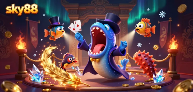 Engage in thrilling gameplay at sky88 with unique characters performing casino magic tricks amidst exciting elements.