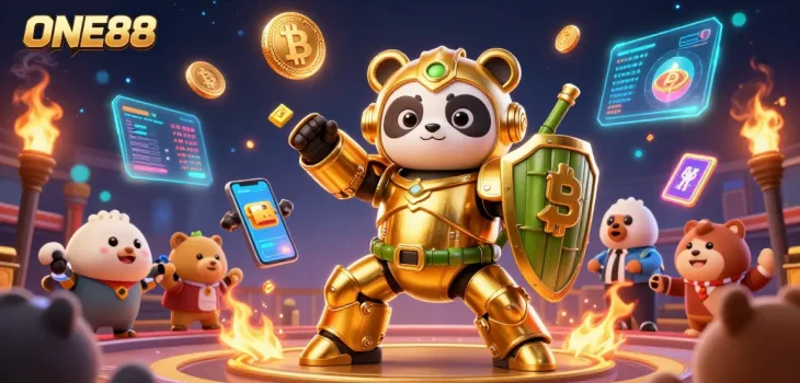Engage in thrilling gameplay at ONE88 with a golden panda fighting robot in a vibrant casino arena.