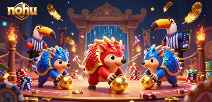 Experience the thrilling nohu showdown with animated pangolins in a vibrant casino scene!