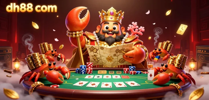 Engage with thrilling action at dh88 com, showcasing a golden crab emperor and chips in a bustling casino scene.