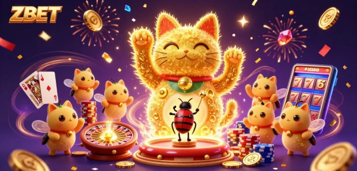 ZBET gamers unveil treasures with a giant lucky cat amidst joyful casino symbols.