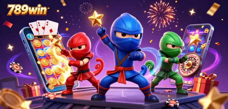 Engage in thrilling fun with the 789win ninja chameleon team showcasing their skills amidst vibrant casino elements.