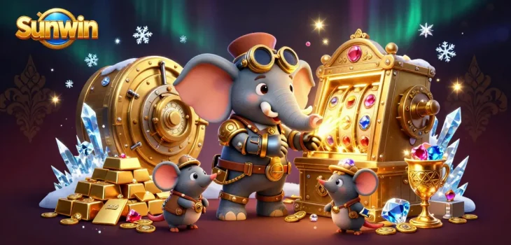 Sunwin engages players with thrilling wins at a golden slot machine operated by a steampunk elephant.